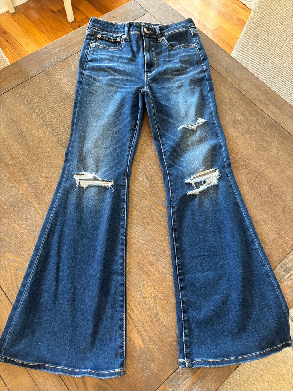 American Eagle Outfitters Dark Blue Distressed Flare Jeans